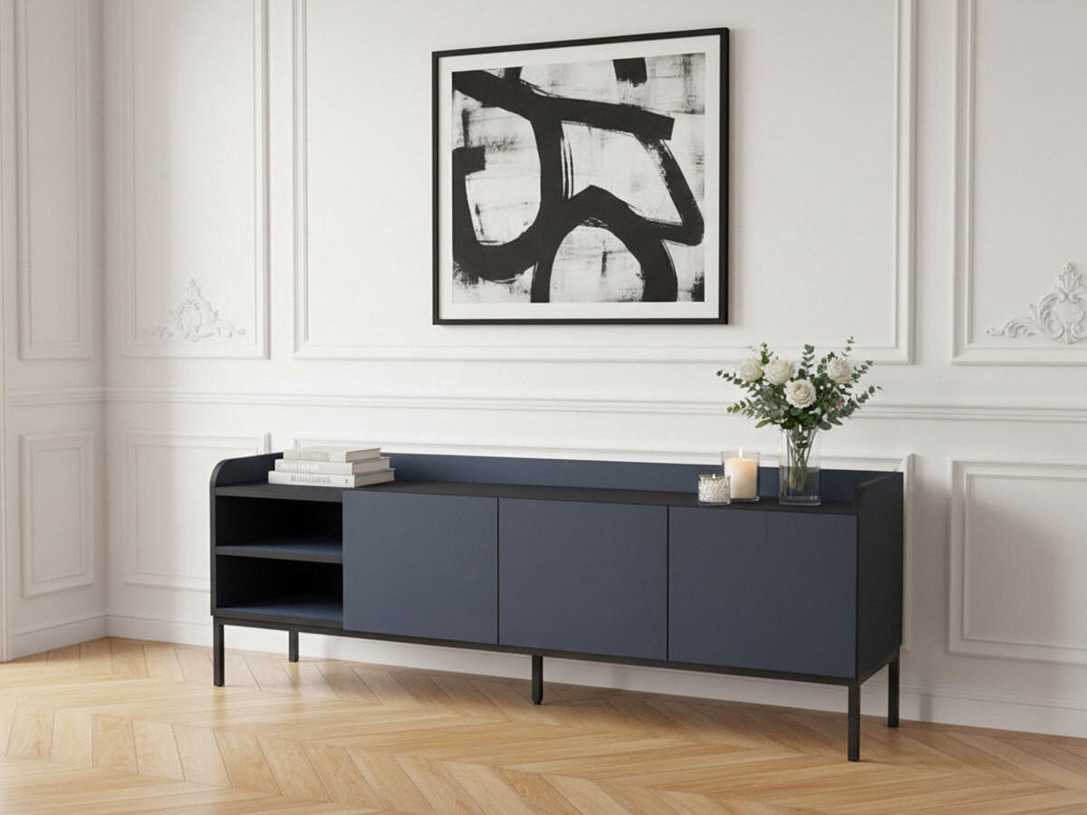 Meuble TV 2 portes 2 niches 160 cm AURIANE pieds métal noir