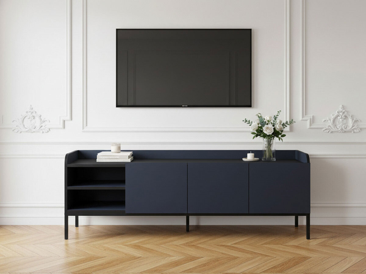 Meuble TV 2 portes 2 niches 160 cm AURIANE pieds métal noir beige