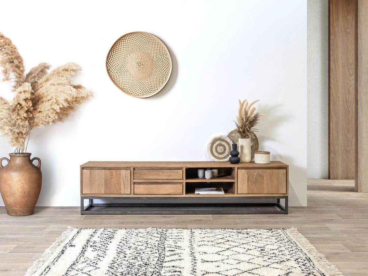 Ensemble BERGERAC avec meuble TV 200 cm + table basse en bois massif de manguier