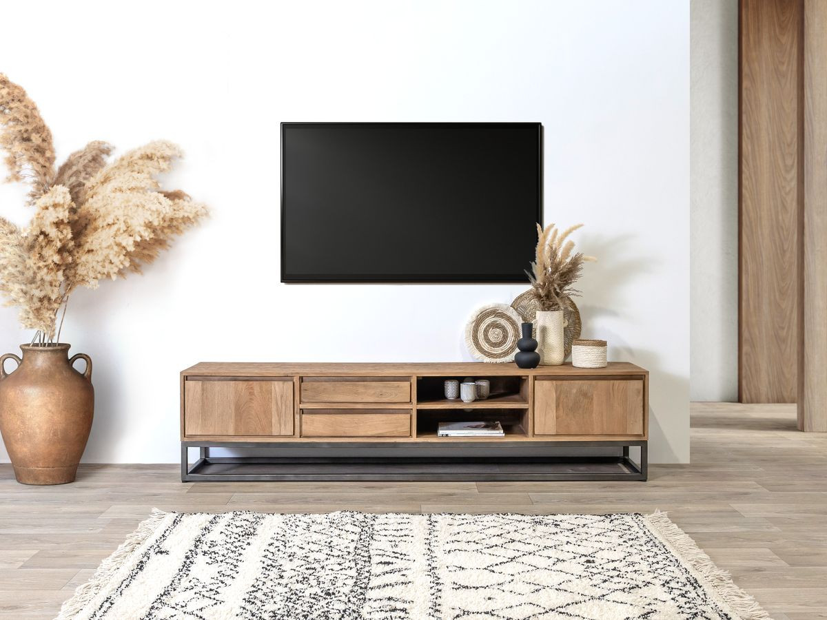 Ensemble BERGERAC avec meuble TV 200 cm + table basse en bois massif de manguier