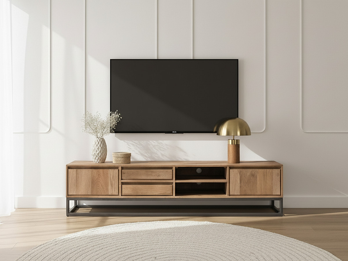Ensemble BERGERAC avec meuble TV 200 cm + table basse en bois massif de manguier