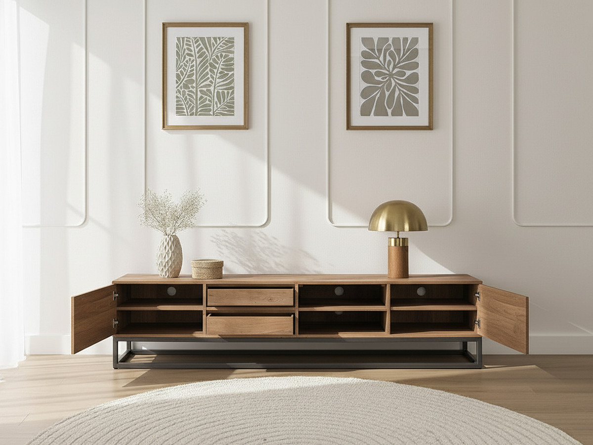 Ensemble BERGERAC avec meuble TV 200 cm + table basse en bois massif de manguier