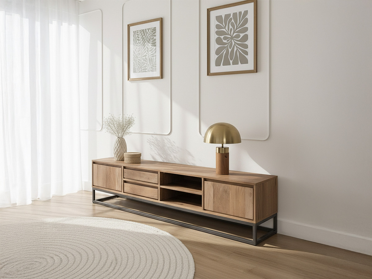 Ensemble BERGERAC avec meuble TV 200 cm + table basse en bois massif de manguier