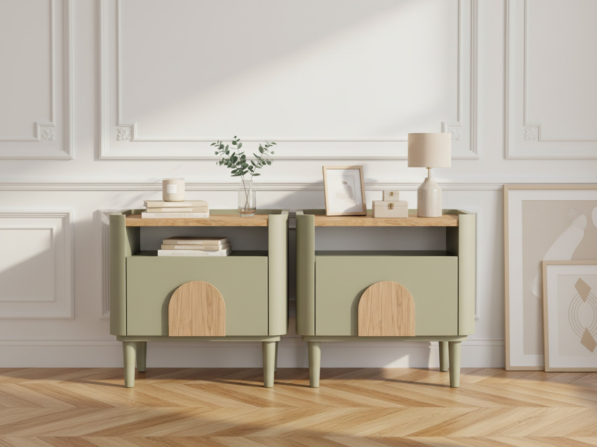 Set van 2 ENYRA nachtkastjes met elk 1 lade en massief houten poten