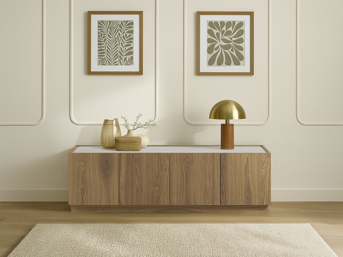 MARION set met dressoir 180 cm + tv-meubel 160 cm in eiken- en travertijnlook