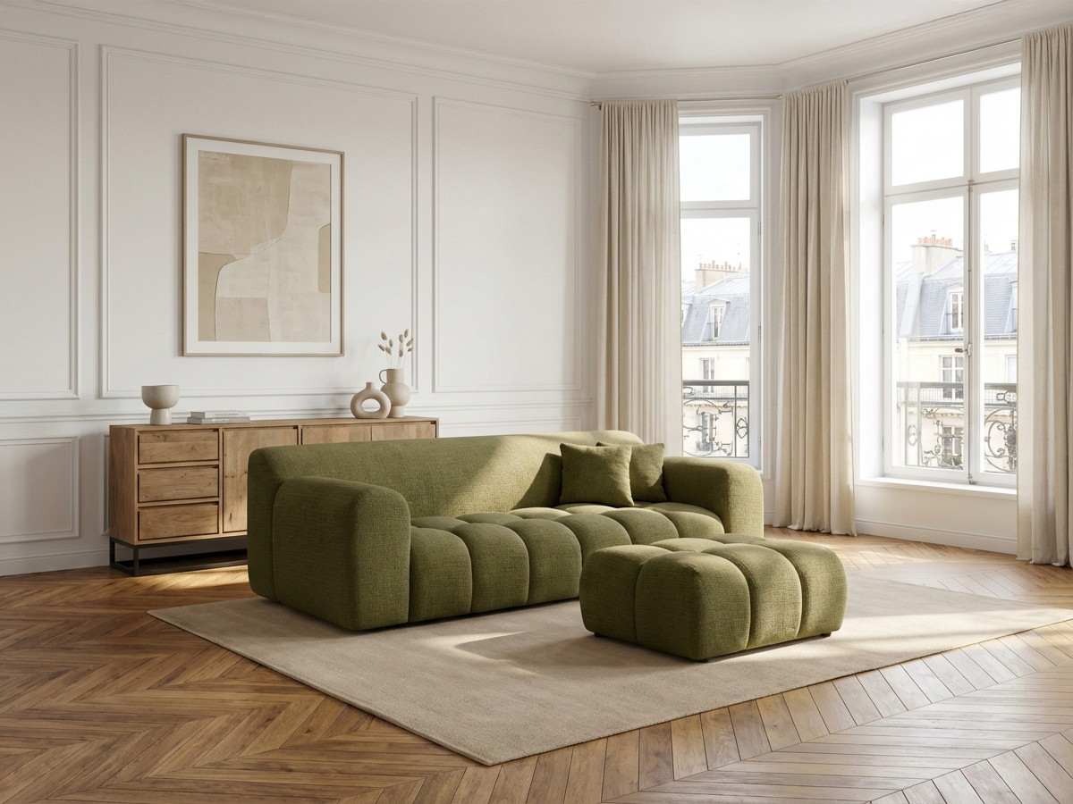 Canapé droit fixe 3 places MELISSE tissu texturé avec pouf