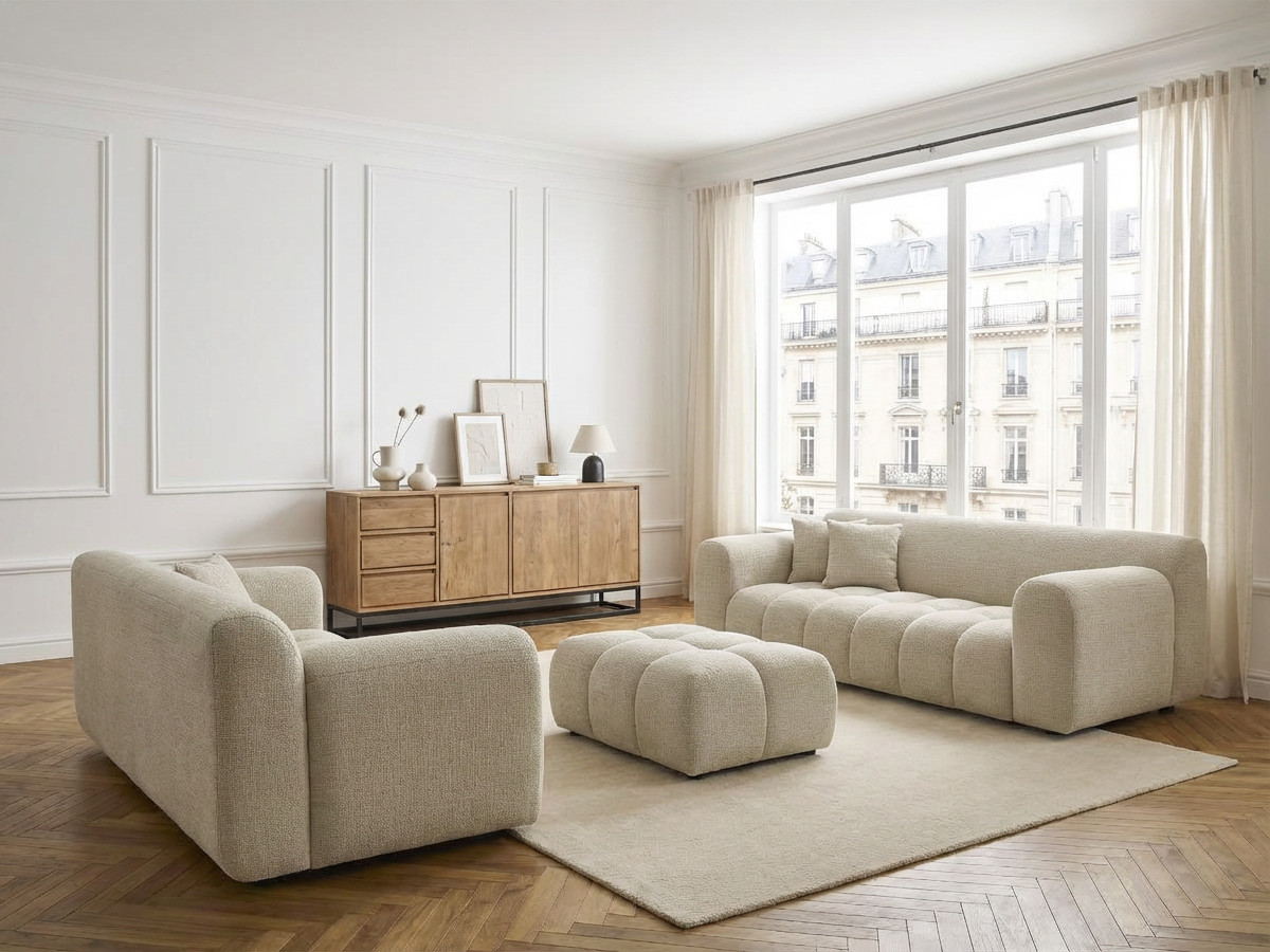 Ensemble canapé droit fixe 3 + 2 places MELISSE tissu texturé avec pouf