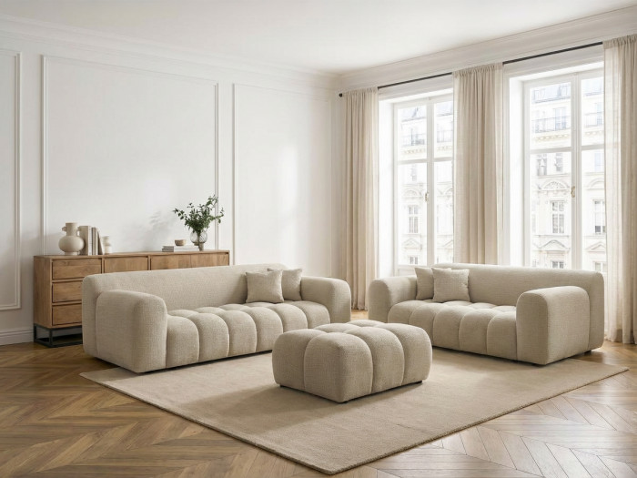 Ensemble canapé droit fixe 3 + 2 places MELISSE tissu texturé avec pouf