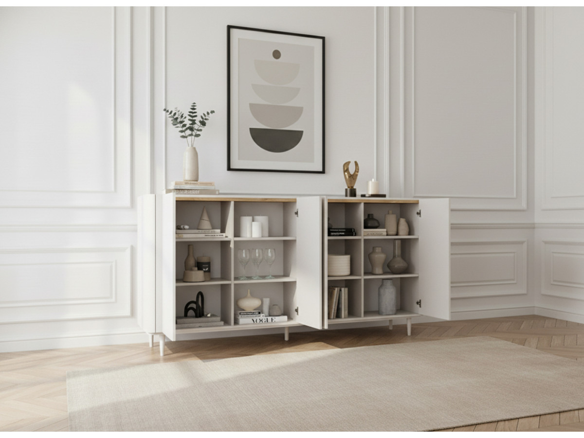 Ensemble ANYRA avec buffet 200 cm + meuble TV 200 cm + table basse avec tiroirs pieds en bois massif