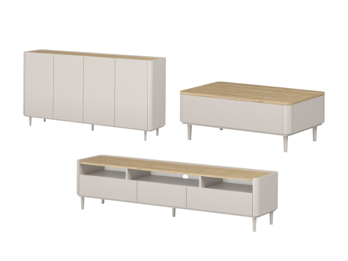 ensemble anyra avec buffet 200 cm + meuble tv 200 cm + table basse avec tiroirs pieds en bois massif de couleur beige