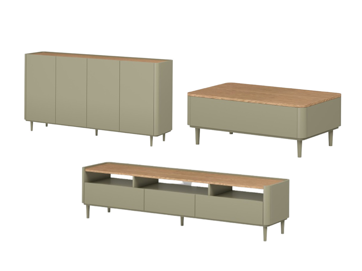 ensemble anyra avec buffet 200 cm + meuble tv 200 cm + table basse avec tiroirs pieds en bois massif de couleur vert