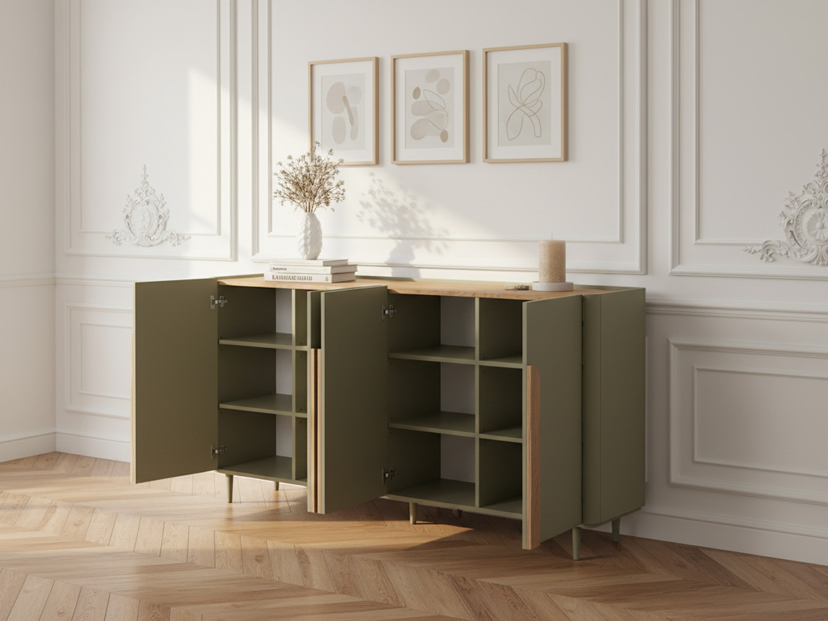 ENYRA set met dressoir van 200 cm + tv-meubel van 200 cm met 2 lades en massief houten poten