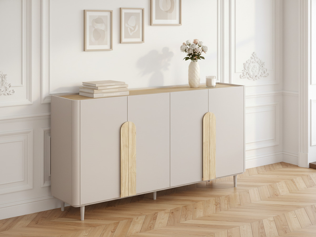 Ensemble ENYRA avec buffet 200 cm + meuble TV 2 tiroirs 200 cm pieds en bois massif beige — vue 6