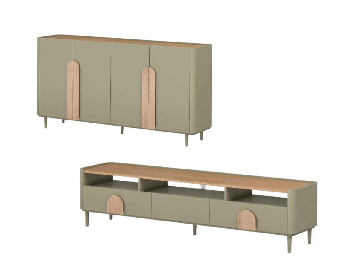 enyra set met dressoir van 200 cm + tv-meubel van 200 cm met 2 lades en massief houten poten gekleurd groente