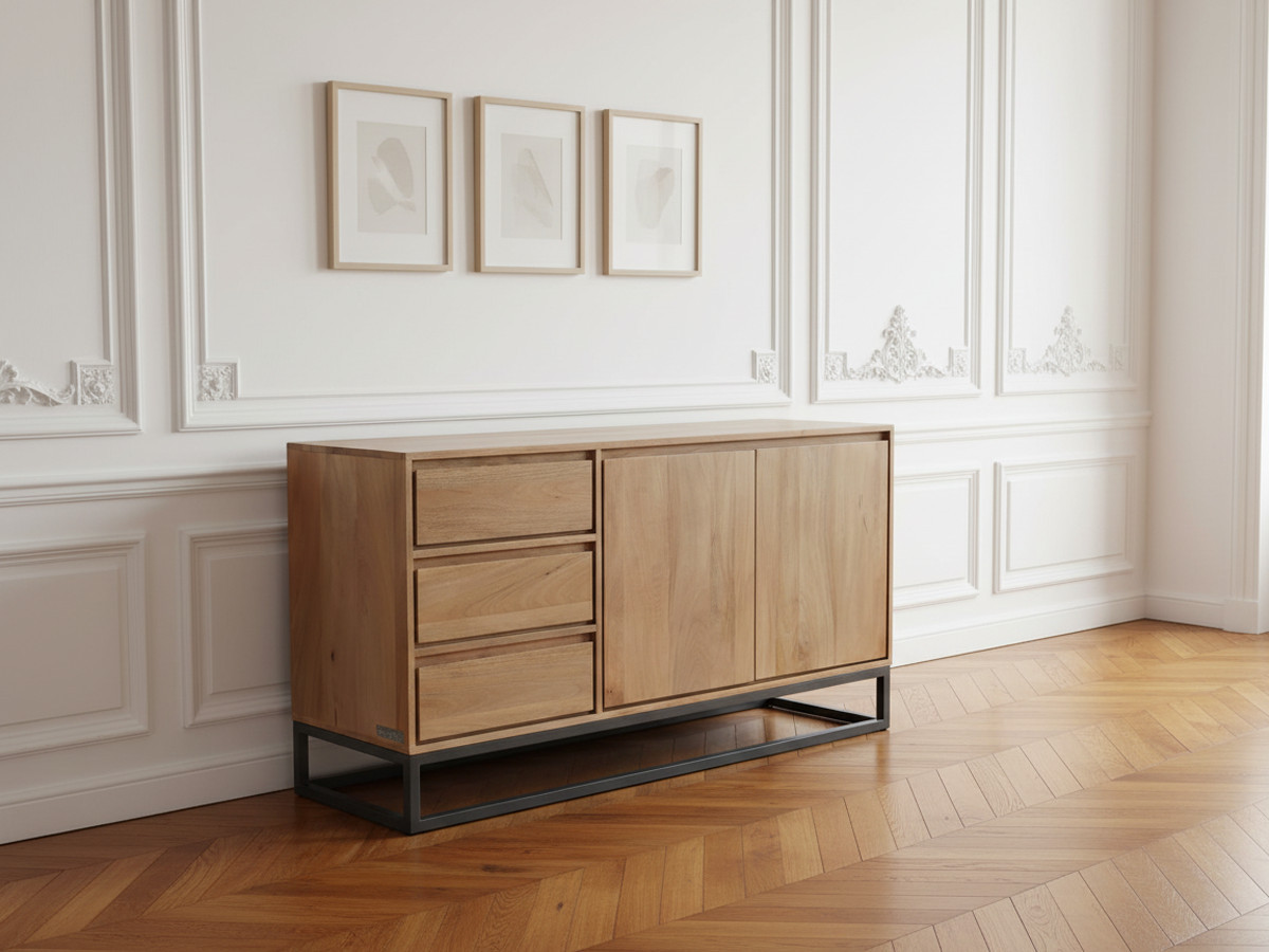Ensemble BERGERAC avec buffet 150 cm + meuble TV 140 cm + table basse bois massif de manguier