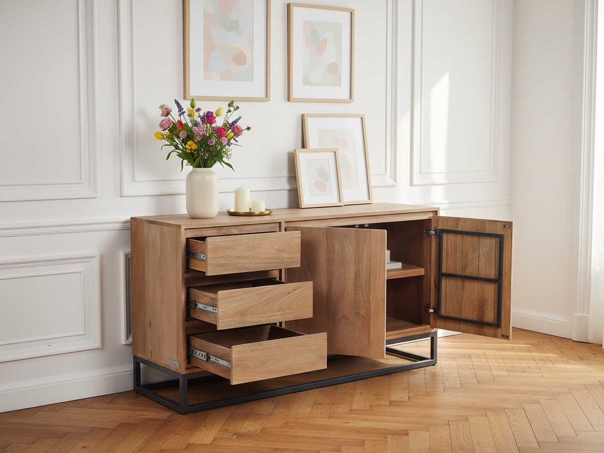 Ensemble BERGERAC avec buffet 150 cm + meuble TV 140 cm + table basse bois massif de manguier