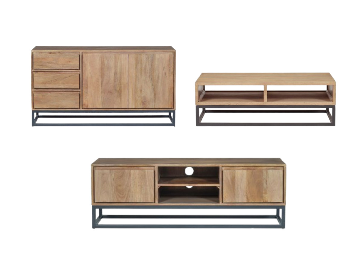 Ensemble BERGERAC avec buffet 150 cm + meuble TV 140 cm + table basse bois massif de manguier