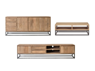 Ensemble BERGERAC avec buffet 190 cm + meuble TV 200 cm + table basse bois massif de manguier