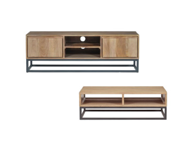 Ensemble BERGERAC avec meuble TV 140 cm + table basse en bois massif de manguier