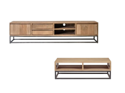 Ensemble BERGERAC avec meuble TV 200 cm + table basse en bois massif de manguier