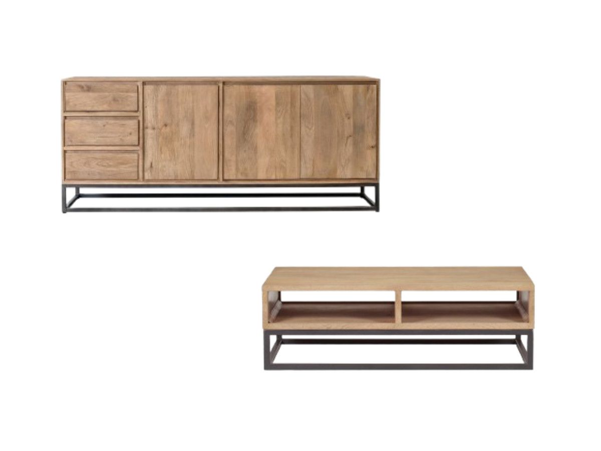 BERGERAC set met dressoir van 190 cm + salontafel van massief mangohout