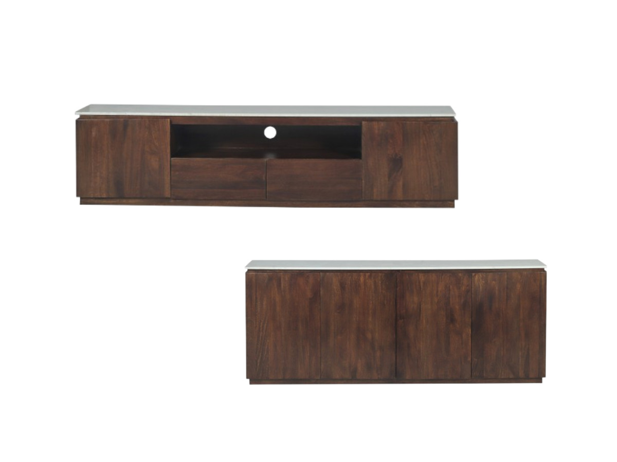 BARBARA set met dressoir van 200 cm + tv-meubel van 200 cm, uitgevoerd in massief mangohout en marmer.