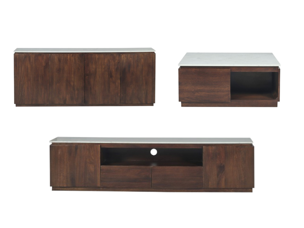 BARBARA set bestaande uit een dressoir van 200 cm, een tv-meubel van 200 cm en een salontafel van massief mangohout en marmer.