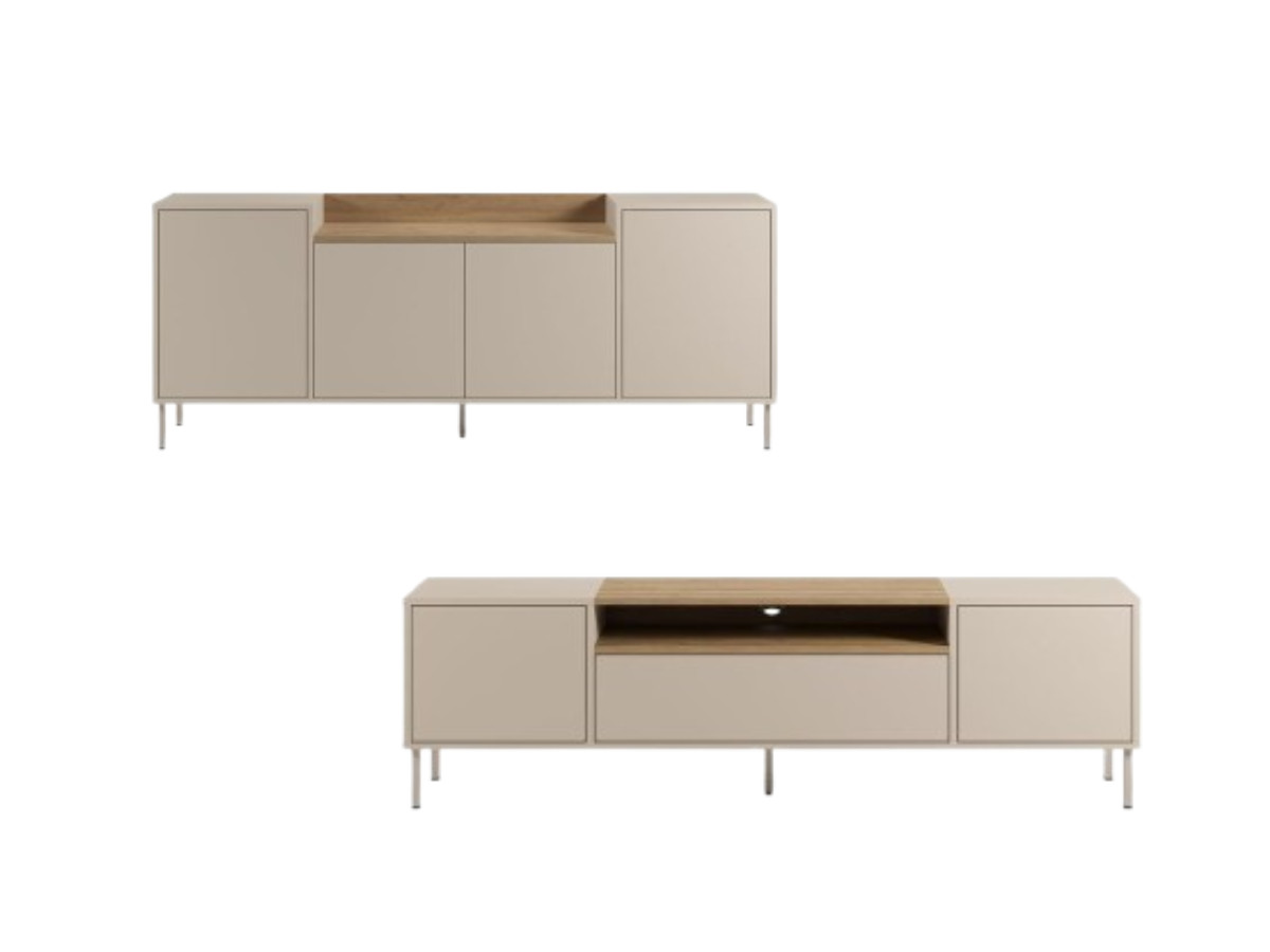 Set LINO buffet 200 cm + TV-meubel 180 cm eiken effect blad en metalen poten