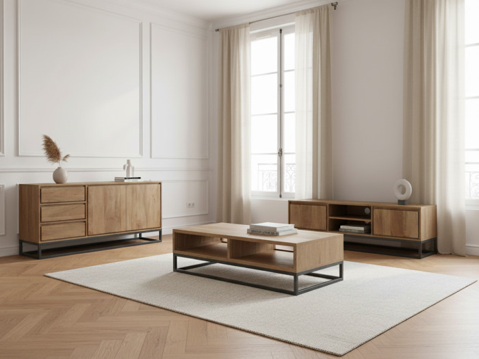 Buffet 2 portes 3 tiroirs 150 cm BERGERAC bois massif de manguier