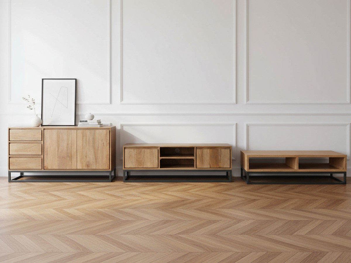 Ensemble BERGERAC avec buffet 150 cm + meuble TV 140 cm + table basse bois massif de manguier