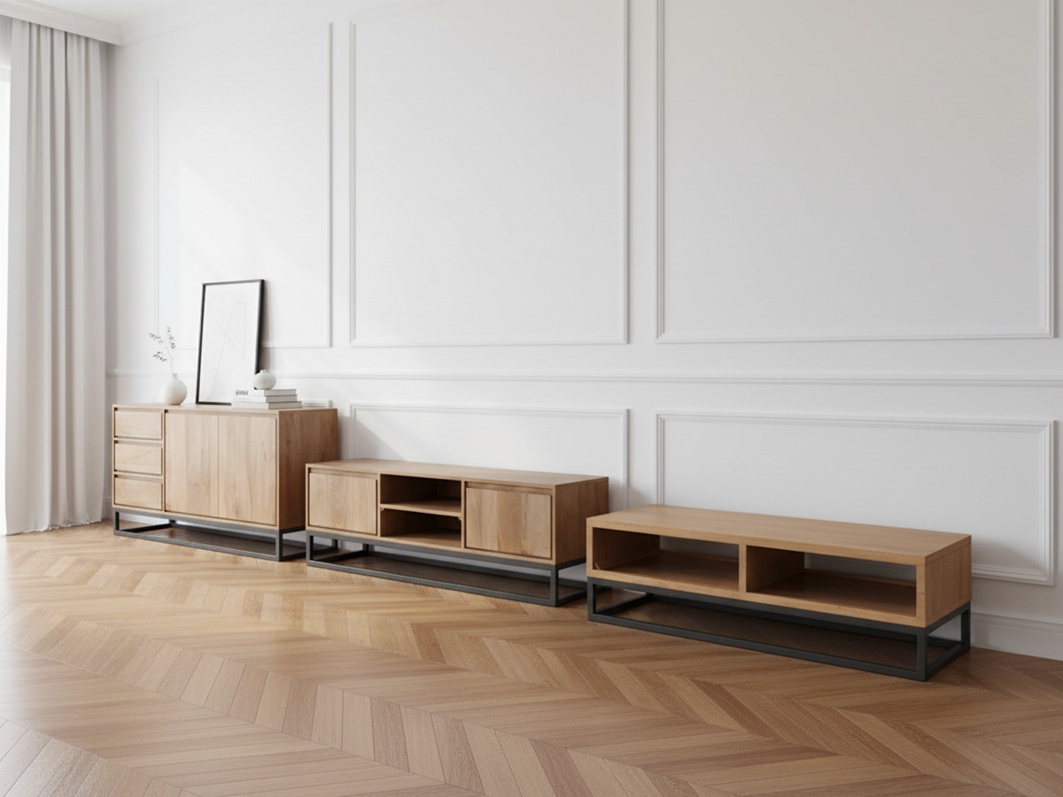 Ensemble BERGERAC avec buffet 150 cm + meuble TV 140 cm + table basse bois massif de manguier