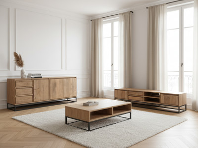 Ensemble BERGERAC avec buffet 190 cm + meuble TV 200 cm + table basse bois massif de manguier