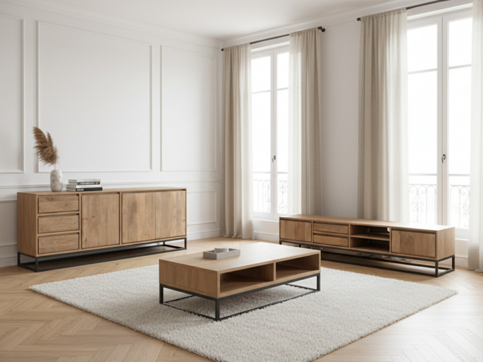 Ensemble BERGERAC avec buffet 190 cm + meuble TV 200 cm + table basse bois massif de manguier