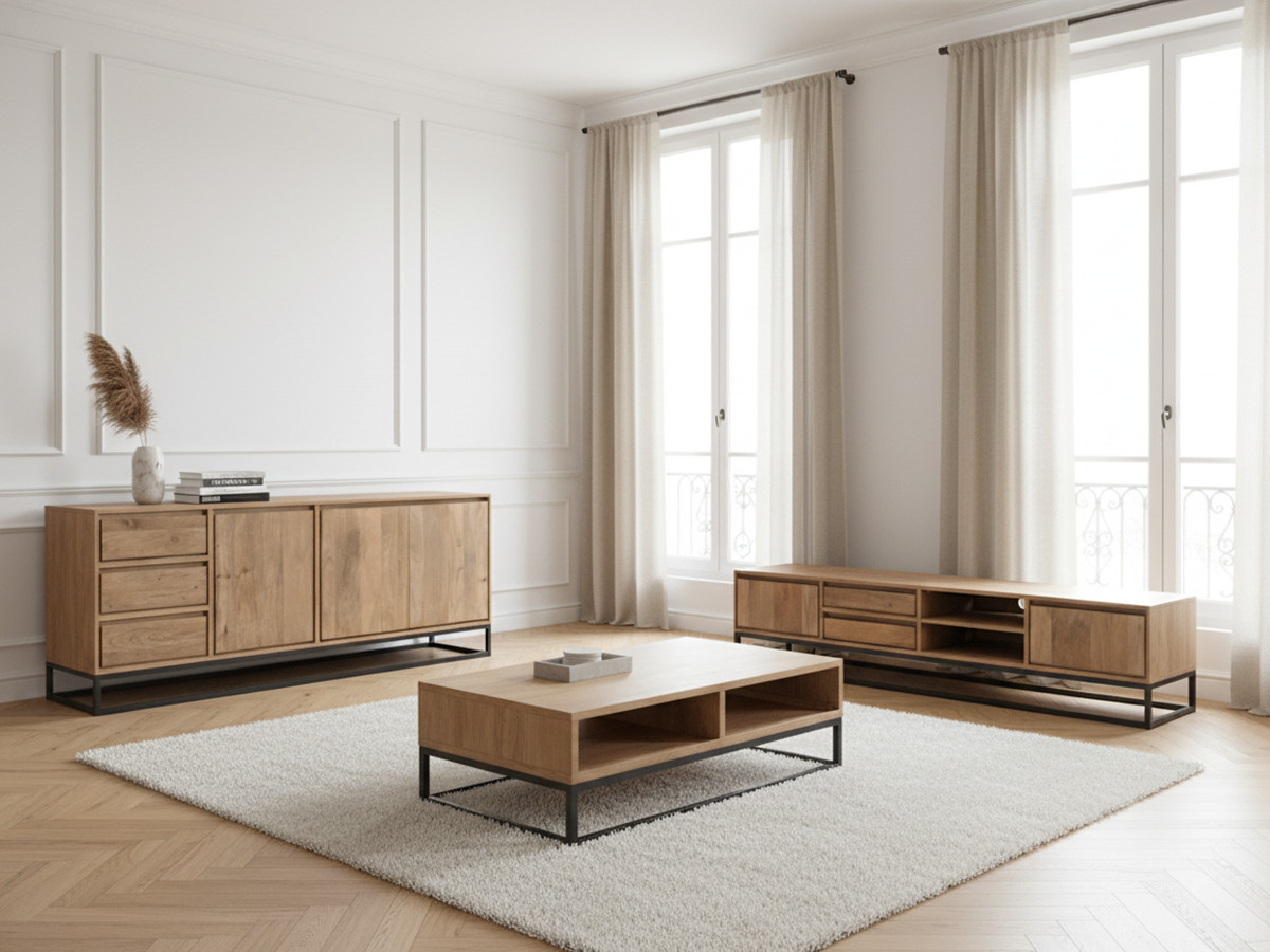 Ensemble BERGERAC avec buffet 190 cm + meuble TV 200 cm + table basse bois massif de manguier