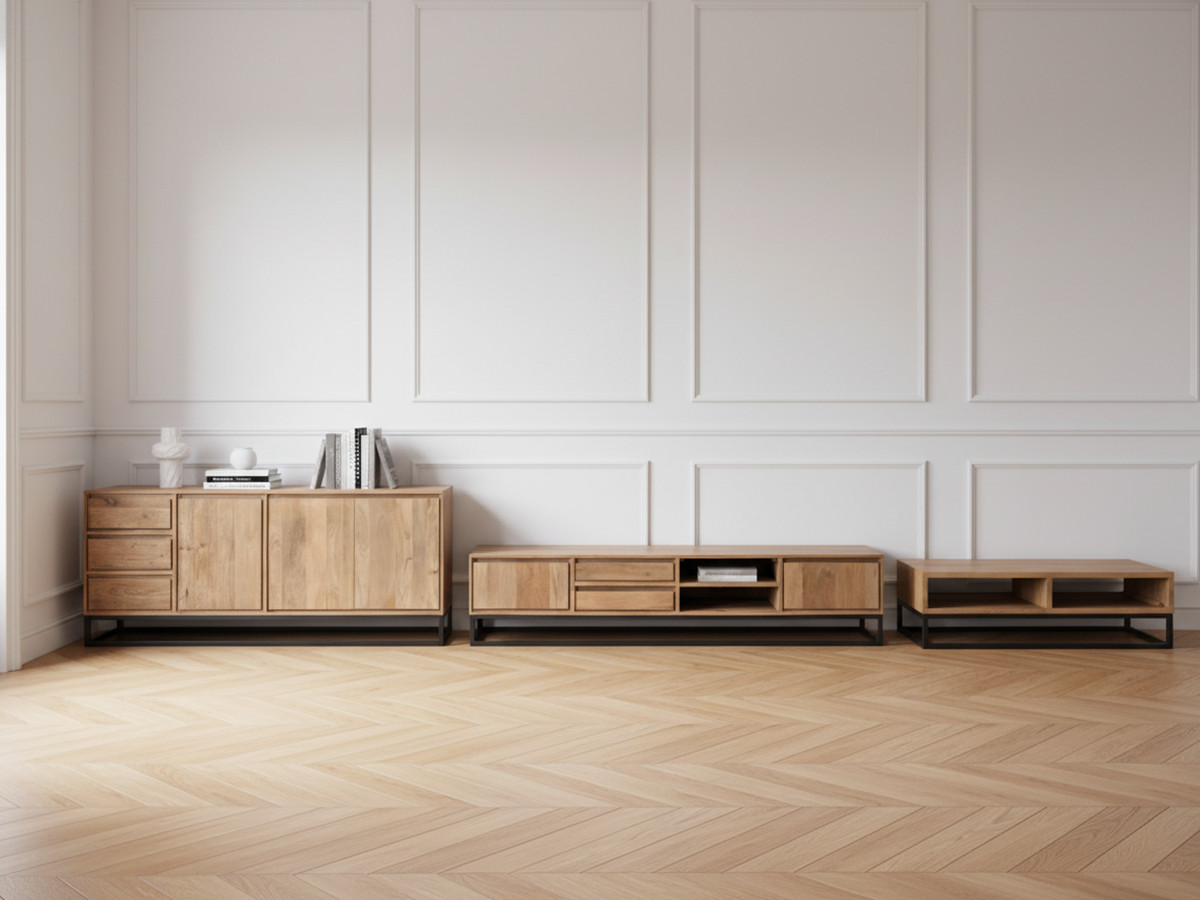 Ensemble BERGERAC avec buffet 190 cm + meuble TV 200 cm + table basse bois massif de manguier