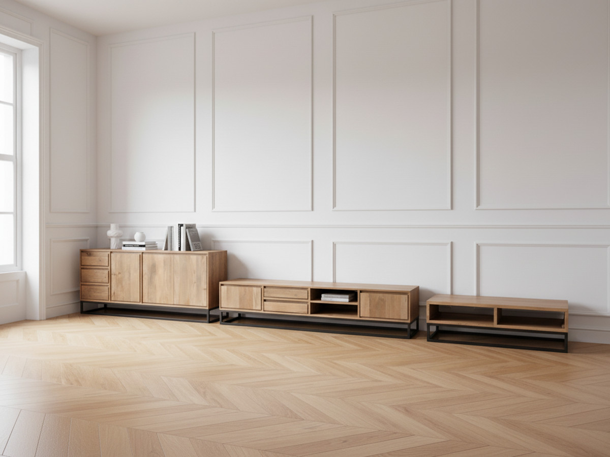 Ensemble BERGERAC avec buffet 190 cm + meuble TV 200 cm + table basse bois massif de manguier — vue 5