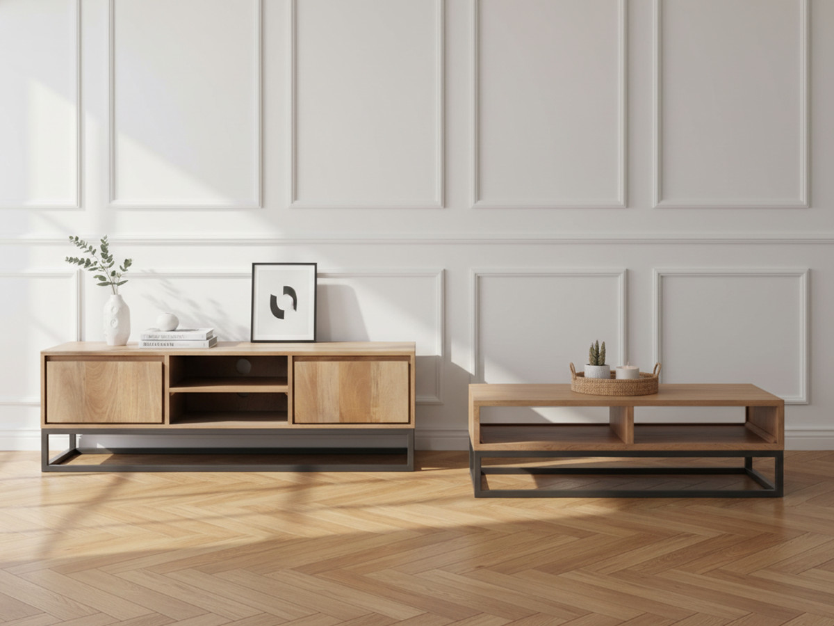 Ensemble BERGERAC avec meuble TV 140 cm + table basse en bois massif de manguier