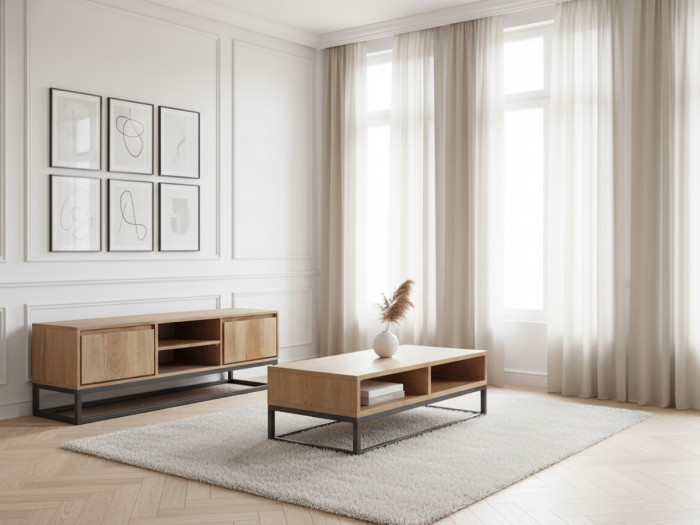 Meuble TV 2 portes 140 cm BERGERAC bois massif de manguier