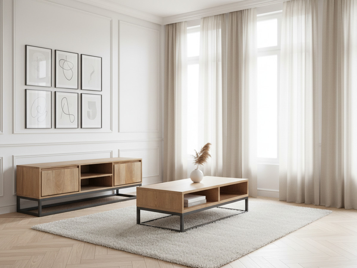 Meuble TV 2 portes 140 cm BERGERAC bois massif de manguier