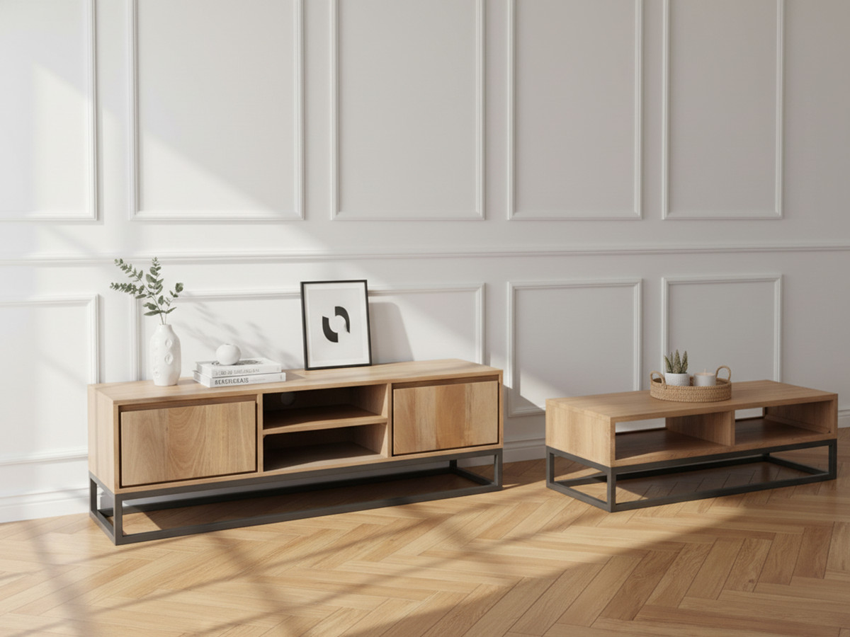 Ensemble BERGERAC avec meuble TV 140 cm + table basse en bois massif de manguier