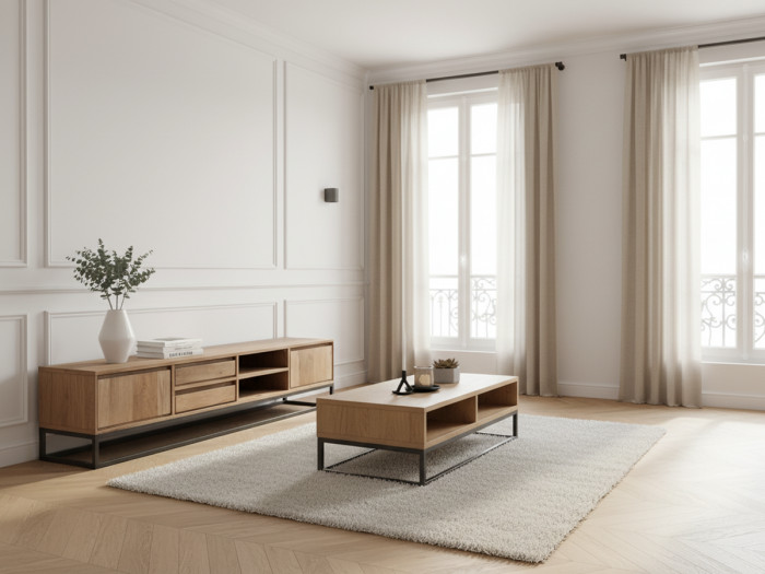 Ensemble BERGERAC avec meuble TV 200 cm + table basse en bois massif de manguier