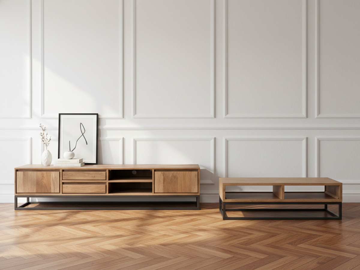 Ensemble BERGERAC avec meuble TV 200 cm + table basse en bois massif de manguier