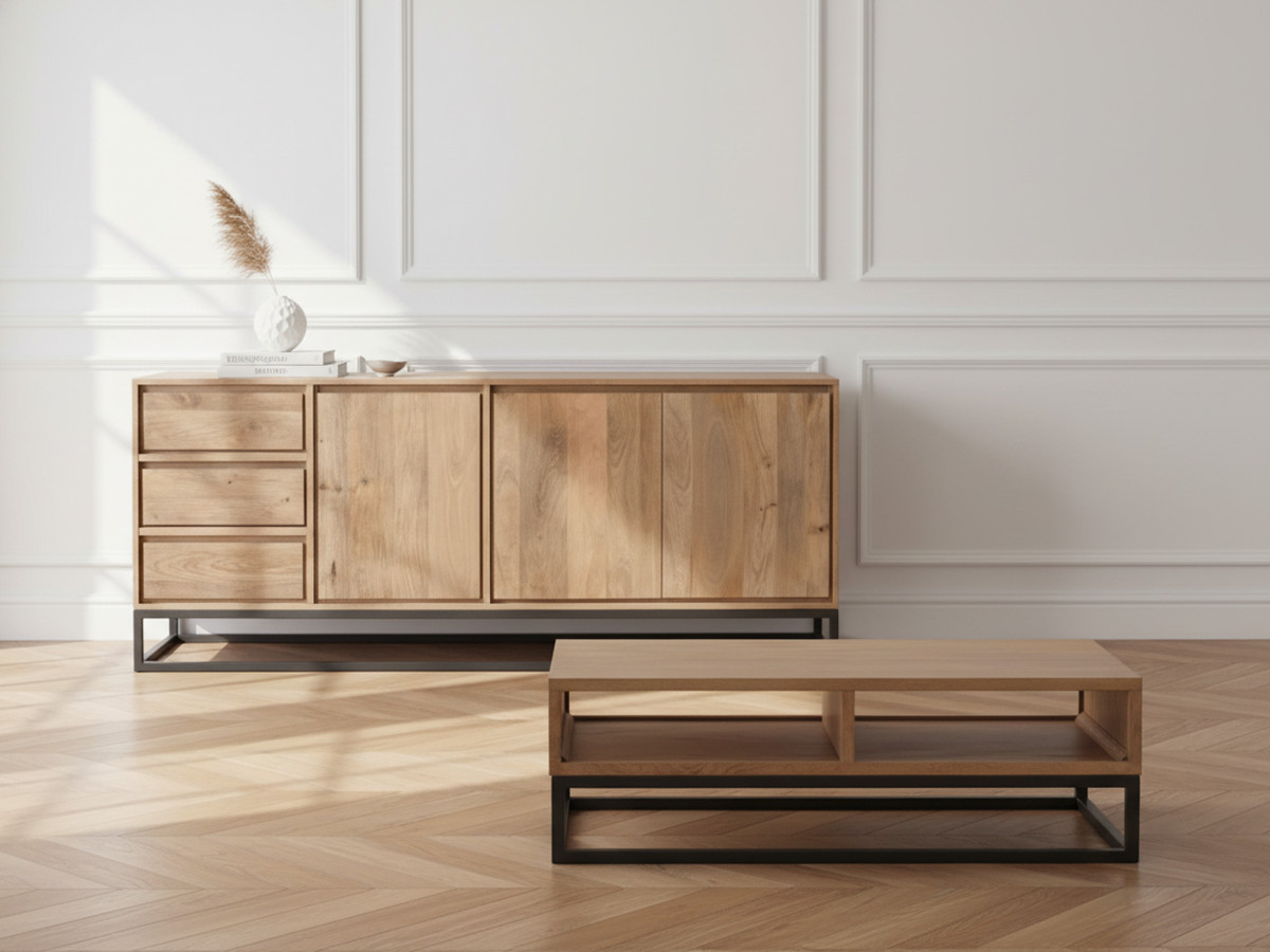 BERGERAC set met dressoir van 190 cm + salontafel van massief mangohout