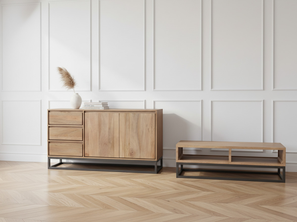 BERGERAC set met dressoir van 150 cm + salontafel van massief mangohout