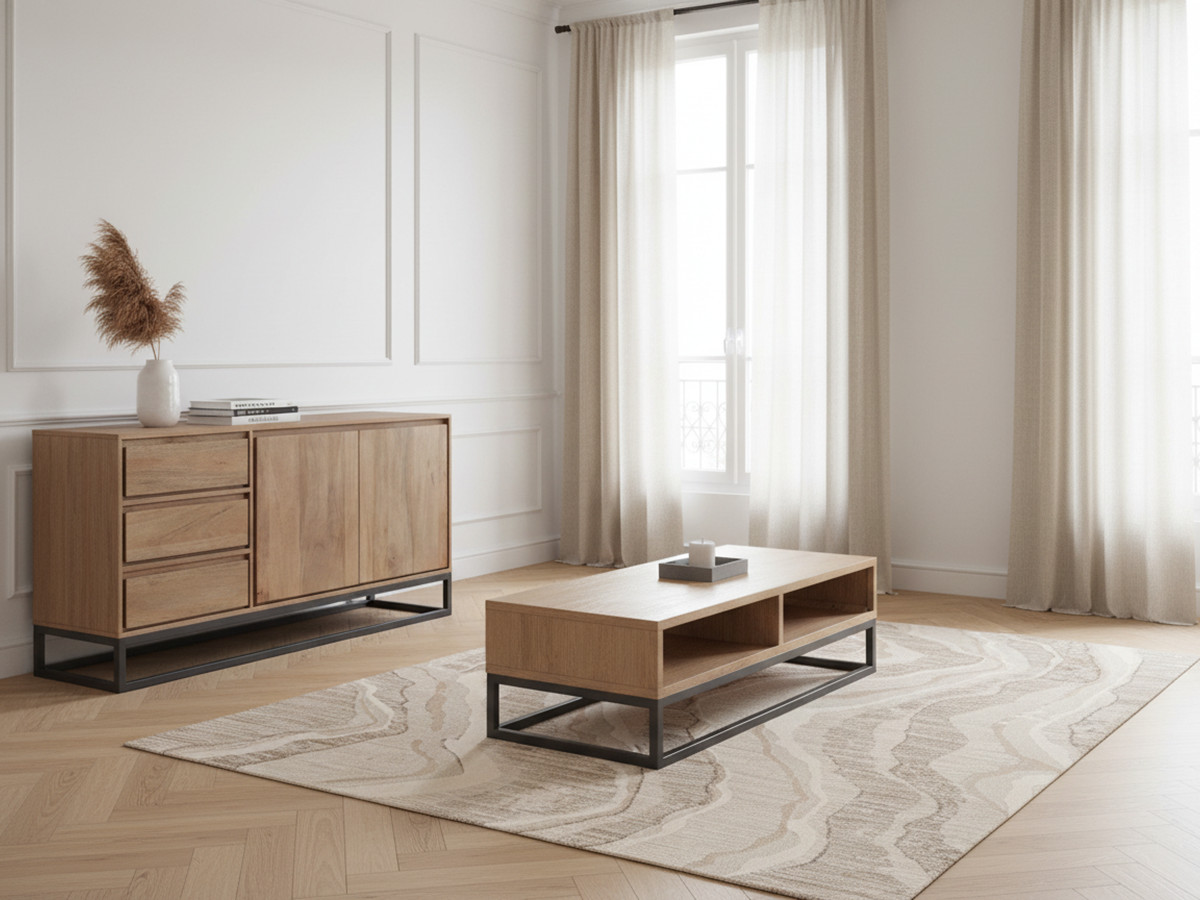 BERGERAC set met dressoir van 150 cm + salontafel van massief mangohout