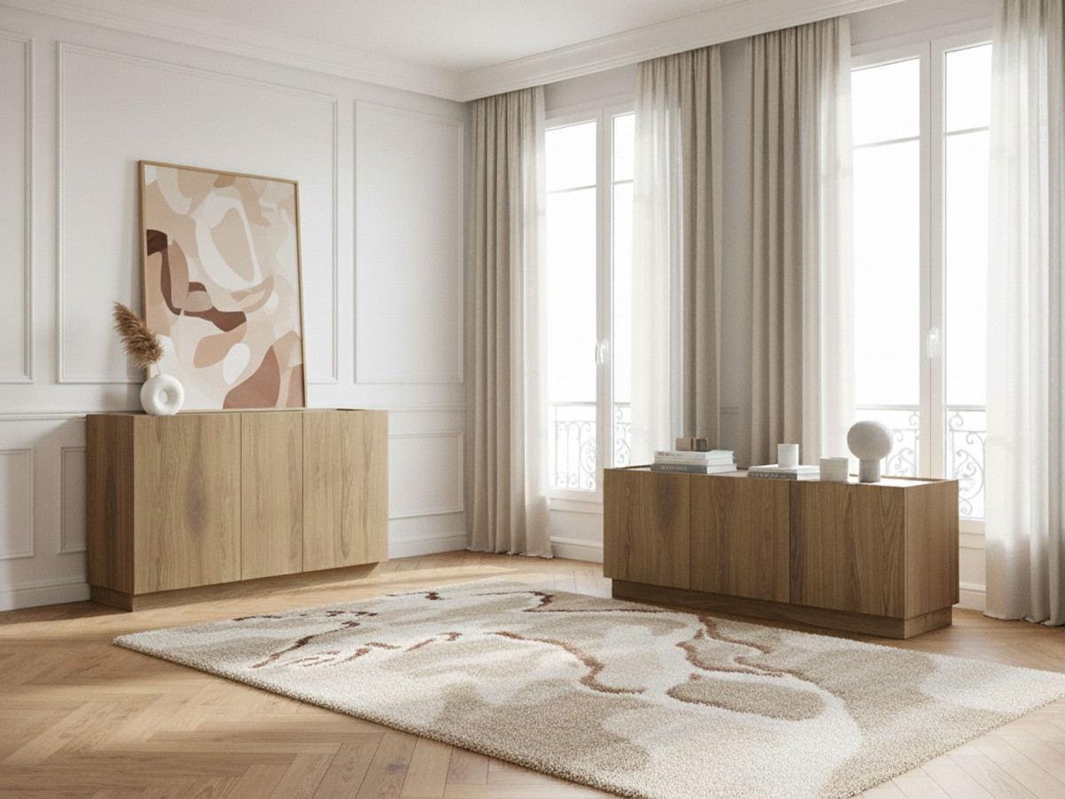 Ensemble MARION buffet 140 cm + meuble TV 120 cm effet chêne et travertin