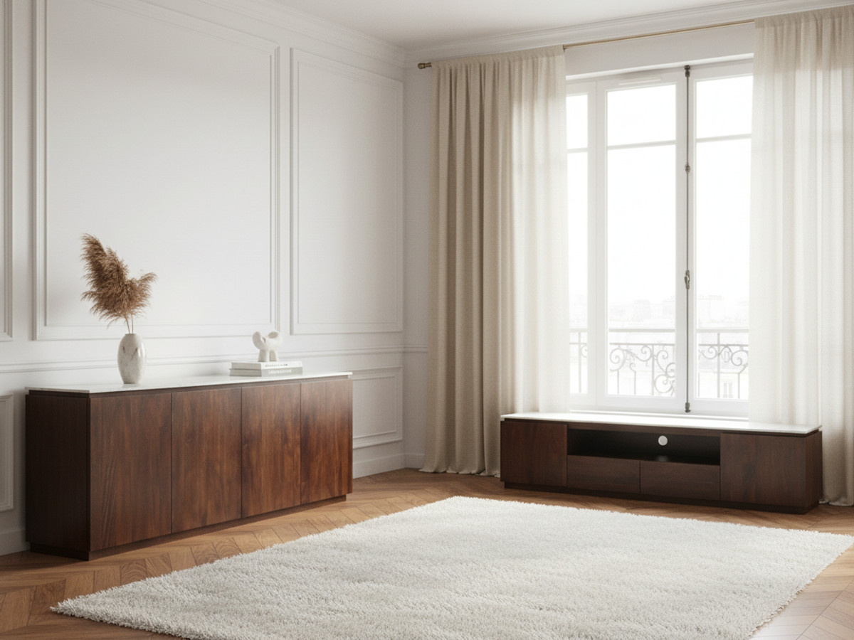 Buffet 4 portes 200 cm BARBARA bois massif de manguier et marbre