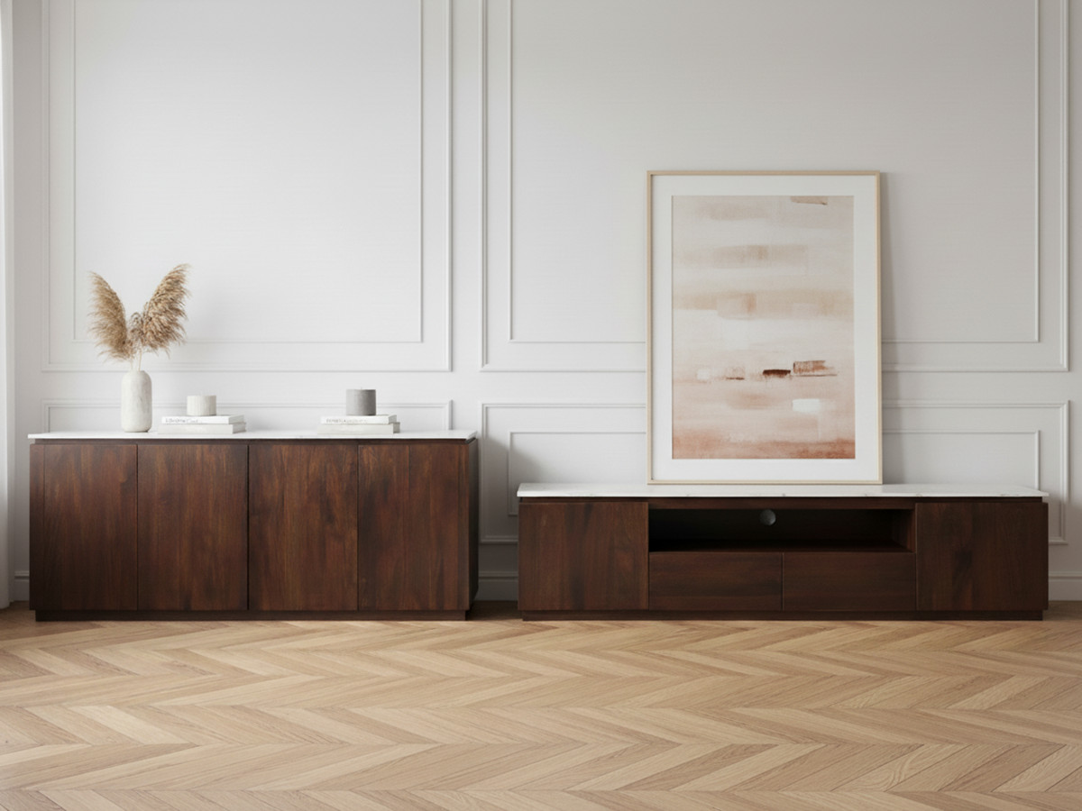 BARBARA set met dressoir van 200 cm + tv-meubel van 200 cm, uitgevoerd in massief mangohout en marmer.