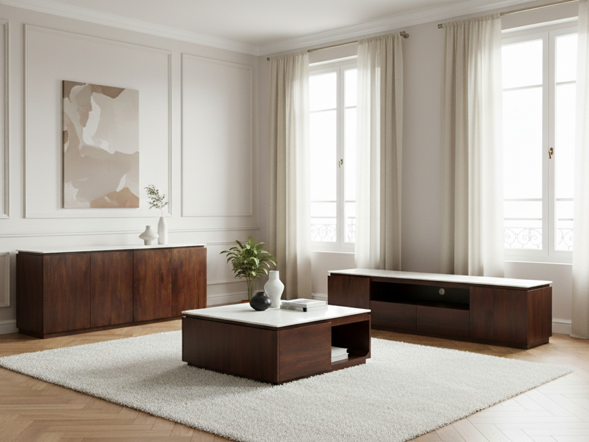 Buffet 4 portes 200 cm BARBARA bois massif de manguier et marbre