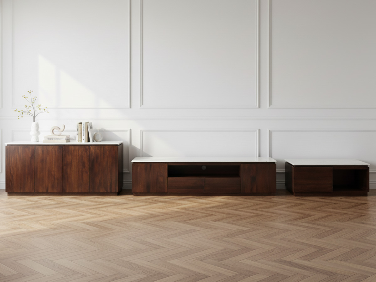 BARBARA set bestaande uit een dressoir van 200 cm, een tv-meubel van 200 cm en een salontafel van massief mangohout en marmer.